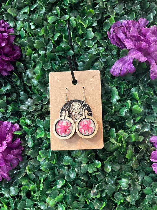Pink Spider Embroidery Earrings