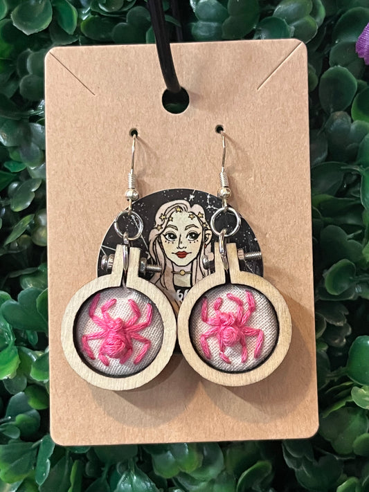 Pink Spider Embroidery Earrings