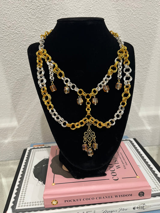 Silver and Gold Beaded Statement Necklace