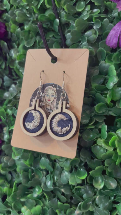 Silver Moon Embroidery Earrings