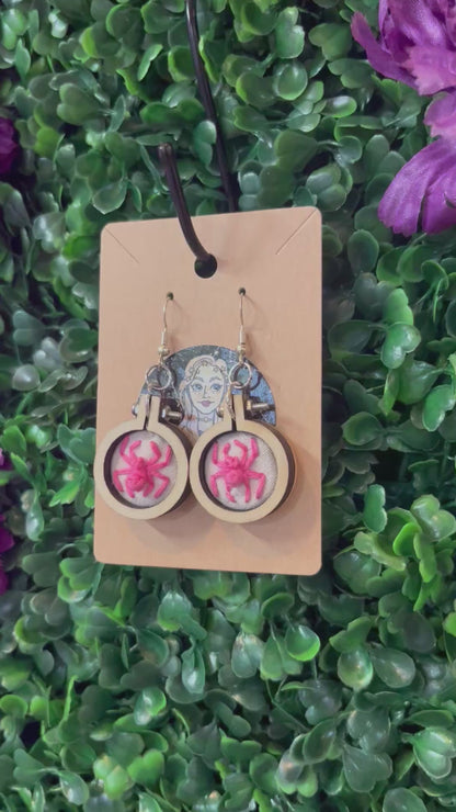 Pink Spider Embroidery Earrings